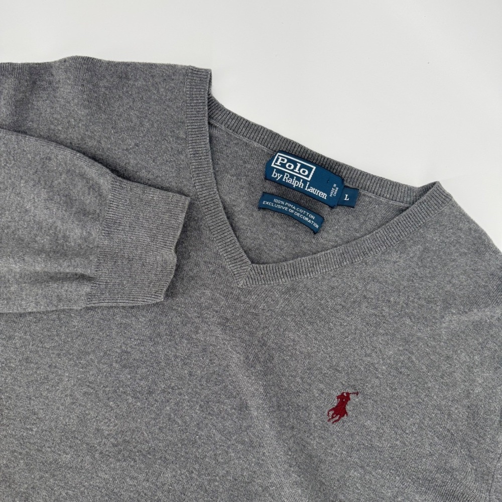 Polo by Ralph Lauren Gray Pima Cotton V-Neck‎ Sweater Men's L Red Pony